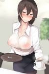  1girl black_legwear blush breasts brown_eyes brown_hair cleavage commentary_request cup highres himuka_(523) lactation lactation_through_clothes long_hair looking_at_viewer original pencil_skirt plant potted_plant saucer see-through skirt smile solo tray 