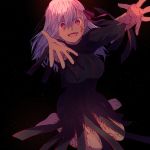  1girl barefoot black_background body_markings creat fate/stay_night fate_(series) hair_ribbon heaven&#039;s_feel highres kneeling long_hair looking_at_viewer matou_sakura outstretched_hand red_eyes ribbon simple_background smile solo white_hair 