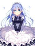  1girl alternate_costume apron between_legs black_dress blue_eyes blue_hair blush commentary_request dress enmaided gochuumon_wa_usagi_desu_ka? hair_ornament hairclip hand_between_legs kafuu_chino long_hair maid maid_headdress simple_background solo usume_shirou waist_apron white_apron white_background wind wind_lift 