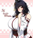  1girl alternate_breast_size blush breasts detached_sleeves floral_print hair_ornament headgear highres huge_breasts japanese_clothes jewelry kantai_collection konoshige_(ryuun) nontraditional_miko obi red_eyes remodel_(kantai_collection) ring sash short_hair solo upper_body wedding_band wide_sleeves yamashiro_(kantai_collection) 