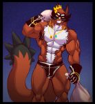  abs absurd_res anthro armpit_hair bag black_tip_ears black_tip_tail body_hair brown_body brown_fur canid canine clothing crown fox fur gloves grin handwear hi_res intimatewolf jewelry leather leather_gloves male mammal muscular muscular_anthro muscular_male necklace night nintendo pecs pok&eacute;mon pok&eacute;mon_(species) smile solo thievul underwear veiny_arms video_games white_tuft 