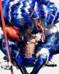  1boy 1other abs beads blood blue_hair bodypaint bracelet claws closed_mouth crescent_necklace cu_chulainn_(fate)_(all) detached_sleeves dog earrings fate/grand_order fate/kaleid_liner_prisma_illya fate/stay_night fate_(series) fur furry gae_bolg hair_beads hair_ornament highres jewelry lancer lancer_(prisma_illya) licking looking_at_viewer male_focus mask muscle nipples pants ponytail red_eyes saliva shirtless short_hair sitting slit_pupils smile spiked_hair strap teeth tongue type-moon whiskers wolf yuu_(guruko) 