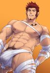  1boy abs ass_visible_through_thighs bandages bara bare_chest bat_tattoo biceps blue_eyes brown_hair bulge chachi_(soulga) chest chest_scar chest_tattoo cum cum_in_clothes cum_through_clothes facial_hair fate/grand_order fate_(series) flaccid from_below goatee halloween halloween_costume male_focus male_pubic_hair muscle naked_bandage napoleon_bonaparte_(fate/grand_order) navel navel_hair nipple_piercing nipples penis_peek piercing pubic_hair scar short_hair sideburns smirk solo soulga3 spread_legs stubble tattoo thick_thighs thighs veins 