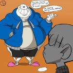  ... 1:1 2020 animated_skeleton anterior_nasal_aperture belly big_belly blue_clothing blue_hoodie blue_topwear bone bottomwear bulge clothing dialogue duo english_text eyebrows gesture grin hand_in_pocket hi_res hoodie humanoid male not_furry orange_background overweight overweight_male pockets pointing raised_eyebrows sans_(undertale) shorts simple_background skeleton smile standing teeth text toony topwear trashtoonz undead undertale video_games white_body ych_(character) 