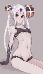  1girl :&lt; abigail_williams_(fate/grand_order) abigail_williams_(swimsuit_foreigner)_(fate) arm_support bangs bare_shoulders bikini black_bikini black_bow black_gloves bow breasts closed_mouth collarbone commentary_request double_bun elbow_gloves fate/grand_order fate_(series) forehead gloves grey_background groin hair_bow keyhole kopaka_(karda_nui) long_hair looking_at_viewer multiple_bows navel orange_bow parted_bangs pink_eyes red_eyes shadow shirt sidelocks sitting small_breasts solo swimsuit thighs third_eye very_long_hair white_hair white_shirt white_skin 