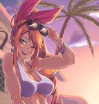  1girl ;) adjusting_eyewear bangle beach_house black-framed_eyewear blue_eyes bracelet breasts character_request cleavage commentary_request drill_hair earrings highres hori_shin jewelry looking_at_viewer medium_breasts one_eye_closed orange_hair palm_tree side_drill single_drill smile solo sunglasses sunset swimsuit tan tankini tree upper_body upper_teeth virtual_youtuber white_swimsuit 