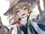  1girl against_fourth_wall against_glass bangs blonde_hair blue_eyes blue_vest bright_pupils commentary_request floating_hair fourth_wall gensoukyou hair_ribbon hat horizontal_pupils long_hair long_sleeves long_tongue looking_at_viewer moriya_suwako open_mouth red_ribbon ribbon shirt short_eyebrows simple_background smile solo thick_eyebrows tongue tongue_out touhou tress_ribbon turtleneck upper_body very_long_tongue vest white_background white_pupils white_shirt wide_sleeves zounose 