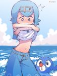  /\/\/\ 1girl arms_up artist_name bangs blue_background blue_eyes blue_hair blue_pants blue_sailor_collar blue_sky blue_theme blush brown_hairband cloud commentary_request day embarrassed english_commentary flat_chest gen_7_pokemon gradient_sky groin hairband highres horizon lana_(pokemon) lifted_by_self looking_at_another looking_down looking_up mixed-language_commentary navel nose_blush ocean open_mouth orange_peel_(artist) outdoors pants partial_commentary pokemon pokemon_(creature) pokemon_(game) pokemon_sm popplio sailor_collar shirt shirt_lift short_hair sky sleeveless sleeveless_shirt solo_focus standing stomach sweat undressing v-shaped_eyebrows water watermark waves white_shirt 
