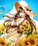  1girl :d bangs blue_eyes blue_sky bow breasts brown_hair bubble bubble_blowing cleavage cloud collarbone day dress eyebrows_visible_through_hair flower gloves hat hat_ribbon highres holding holding_flower long_hair medium_breasts open_mouth original outdoors ribbon sarablanche short_sleeves sidelocks signature sky smile solo summer sun_hat sunflower upper_teeth yellow_dress 