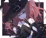  1girl bangs black_gloves black_headwear black_legwear blue_eyes border breasts bunny_hair_ornament cleavage collarbone danganronpa danganronpa_1 enoshima_junko floating_hair food_themed_hair_ornament garter_straps gloves hair_between_eyes hair_ornament halloween halloween_costume hat highres jewelry long_hair looking_at_viewer medium_breasts monokuma nano_(nanofarla) outside_border pendant pink_hair pumpkin_hair_ornament shiny shiny_hair sitting solo thighhighs white_border witch_hat zettai_ryouiki 