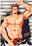  1boy abs after_masturbation bara blue_eyes blush brown_hair chest chest_scar cum cum_on_body dark_penis epaulettes facial facial_hair fate/grand_order fate_(series) goatee highres jacket jacket_removed male_focus male_masturbation masturbation military military_uniform muscle napoleon_bonaparte_(fate/grand_order) navel nipples pants penis scar shirtless short_hair sideburns solo teppei_(bs_teppei) testicles uniform white_pants 