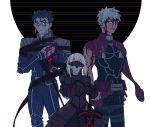  1girl 2boys archer armor artoria_pendragon_(all) blood blood_on_face blue_hair cu_chulainn_(fate)_(all) fate/stay_night fate_(series) heaven&#039;s_feel injury looking_at_viewer missing_limb multiple_boys one_eye_closed red_eyes redmin_0415 saber saber_alter shoulder_armor spoilers torn_clothes white_hair 