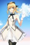  1girl :d absurdres ahoge artoria_pendragon_(all) bangs black_bow black_legwear black_ribbon blonde_hair blue_sky bow breasts cleavage cloud cowboy_shot detached_collar eyebrows_visible_through_hair fate/unlimited_codes fate_(series) floating_hair green_eyes hair_between_eyes hair_bow high_ponytail highres long_hair looking_at_viewer miniskirt missholmes neck_ribbon open_mouth pantyhose ribbon saber_lily skirt sky small_breasts smile solo standing white_skirt 