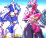  2girls android armor ass bangs blue_eyes bodysuit breasts commentary_request copyright_name flat_chest from_behind gradient gradient_background green_hair hand_on_hip helmet highres holding joints kuroshio_(zung-man) leviathan_(rockman) long_hair looking_at_viewer looking_back marino medium_breasts multiple_girls one_eye_closed parted_lips polearm robot robot_joints rockman rockman_x rockman_x_command_mission rockman_x_dive rockman_zero shiny shiny_clothes shiny_hair smile weapon 