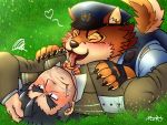  &lt;3 4:3 anthro barrel_(live-a-hero) blush canid canine canis cigarette clothing detective detective_gammei duo human human_on_anthro interspecies kmskths licking live-a-hero male male/male mammal muscular muscular_male police police_hat police_uniform tongue tongue_out uniform wolf 