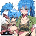  1girl blue_eyes blue_hair breasts brown_gloves camouflage_shirt chibi fighting_stance gloves green_jacket green_shorts jacket kafun leona_heidern midriff multiple_views navel open_clothes open_jacket ponytail shorts sleeves_rolled_up snk steam sweat sweatdrop the_king_of_fighters 