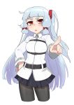  1girl alternate_hairstyle blush cosplay fate/grand_order fate_(series) fujimaru_ritsuka_(female) fujimaru_ritsuka_(female)_(cosplay) hair_ribbon headgear highres kantai_collection long_hair minatasiro murakumo_(kantai_collection) orange_eyes pointing pointing_at_viewer ribbon side_ponytail sidelocks silver_hair solo tress_ribbon very_long_hair 