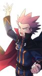  1boy arm_up black_cape cape clenched_hand commentary_request highres lance_(pokemon) lobolobo2010 long_sleeves looking_at_viewer male_focus open_mouth pokemon pokemon_(game) pokemon_hgss red_hair solo spiked_hair teeth tongue 