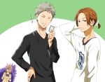  1girl 2boys :o anger_vein ayase_chihaya black_bow black_shirt bow brown_hair chihayafuru clenched_hands facial_hair grey_hair iroha_karuta long_sleeves matatabi_(ygwkw8kh21n12mx3fdjb) multiple_boys official_style shirt short_ponytail shouting simple_background stubble sudou_akihito suou_hisashi upper_body white_shirt 