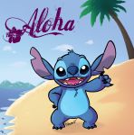  2017 4_fingers absurd_res alien beach blue_body blue_claws blue_fur chest_tuft claws digital_media_(artwork) disney experiment_(lilo_and_stitch) fingers front_view fur gesture hand_on_hip hawaiian_text head_tuft hi_res island lilo_and_stitch looking_at_viewer notched_ear open_mouth open_smile outside seaside shaka signature smile solo sonicknight007 standing stitch_(lilo_and_stitch) text toe_claws tuft 