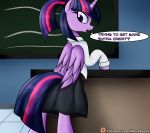  2019 anthro black_bottomwear black_clothing black_skirt blue_body bottomwear classroom clothed clothing detailed_background dialogue english_text equid female friendship_is_magic fully_clothed hair hasbro hi_res horn inner_ear_fluff inside looking_at_viewer looking_back mammal multicolored_hair my_little_pony novaspark open_mouth purple_hair school school_uniform shirt skirt solo speech_bubble talking_to_viewer text topwear tuft twilight_sparkle_(mlp) uniform white_clothing white_shirt white_topwear winged_unicorn wings 