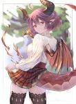  1girl ahoge black_legwear dragon_girl dragon_horns dragon_tail dragon_wings eyebrows_visible_through_hair fire from_behind granblue_fantasy grea_(shingeki_no_bahamut) highres horns long_sleeves looking_at_viewer looking_back mohurine_cute plaid plaid_skirt pointy_ears red_eyes red_hair red_skirt shingeki_no_bahamut shirt short_hair skirt smile solo tail thighhighs thighs white_shirt wings zettai_ryouiki 