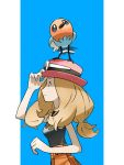  1girl bird black_shirt commentary_request donnpati eyelashes eyewear_on_headwear fletchling gen_6_pokemon hand_on_headwear hat highres light_brown_hair long_hair nail_polish on_head orange_skirt pink_headwear pink_nails pleated_skirt pokemon pokemon_(creature) pokemon_(game) pokemon_on_head pokemon_xy serena_(pokemon) shirt skirt sleeveless sleeveless_shirt sunglasses white-framed_eyewear 