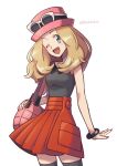  1girl ;d artist_name black_legwear bracelet commentary_request eyelashes fingernails hat jewelry light_brown_hair lobolobo2010 long_hair one_eye_closed open_mouth pink_bag pink_headwear pleated_skirt pokemon pokemon_(game) pokemon_xy red_skirt serena_(pokemon) shirt skirt sleeveless sleeveless_shirt smile solo thighhighs watermark white_background 