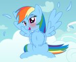  2020 badumsquish blue_body blue_feathers blush chest_tuft cloud equid equine feathered_wings feathers female feral friendship_is_magic hair happy hasbro hi_res lidded_eyes looking_at_viewer mammal multicolored_hair my_little_pony on_cloud outside pegasus pink_eyes rainbow_dash_(mlp) rainbow_hair sitting sky smile solo spread_wings tuft wings 