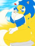 3:4 absurd_res anthro big_breasts bimbofication breasts cleavage clothed clothing crossgender dessert eyeshadow female food hi_res hoodie huge_breasts ice_cream lips lipstick makeup miles_prower moii silver_fly solo sonic_the_hedgehog_(series) thick_lips topwear wide_hips 