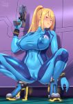  1girl areolae artist_name blonde_hair blue_bodysuit blue_eyes blush bodysuit breasts censored closed_mouth commentary covered_collarbone covered_navel covered_nipples dated gun holding holding_gun holding_weapon impossible_bodysuit impossible_clothes large_breasts lips long_hair metroid mole mole_under_eye mosaic_censoring nipples ponytail pussy samus_aran smile solo squatting weapon zero_suit zheng 