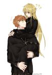  1boy 1girl 88_(einnimnech) ? blonde_hair carrying cross cross_earrings cross_necklace earrings emiya_shirou fate/stay_night fate_(series) genderswap genderswap_(mtf) gilgamesh highres image_sample jewelry kotomine_shirou_(fanfic) looking_at_another necklace orange_hair red_eyes simple_background twitter_sample twitter_username what_if white_background yellow_eyes 