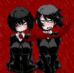  2girls ayame_(0419) black_hair hair_ornament hairclip multiple_girls necktie rain red_background red_eyes red_skirt sanpaku sharp_teeth shirt skirt teeth uniform water_drop white_shirt wind 