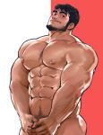  1boy abs ass bara beard between_pecs biceps black_hair chest chocolate completely_nude covering covering_crotch facial_hair food highres jang_ju_hyeon licking_lips male_focus messy_hair muscle navel navel_hair nipples nude original pocky short_hair simple_background solo thighs tongue tongue_out 