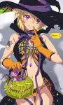  1girl ass_visible_through_thighs bare_shoulders blonde_hair blush breasts cleavage finger_to_mouth gloves groin hair_between_eyes happy_halloween hat highres medium_breasts navel oomura_karasu orange_gloves original purple_eyes short_hair smile solo spider_tattoo thigh_gap thighs underboob witch_hat 