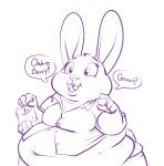  anthro belly big_belly clothing disney female judy_hopps lagomorph leporid lowkey mammal monochrome obese obese_anthro obese_female open_mouth overweight overweight_anthro overweight_female purple_and_white rabbit solo speech_bubble text zootopia 