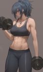  1girl abs absurdres bangs bare_shoulders biceps blue_eyes blue_hair breasts cleavage dog_tags dumbbell highres large_breasts leona_heidern long_hair looking_at_viewer navel pants sports_bra the_king_of_fighters thighs weightlifting yoga_pants yohan1754 