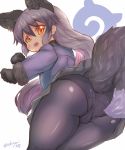  1girl animal_ear_fluff animal_ears ass black_gloves black_legwear black_skirt blue_jacket cameltoe fox_ears fox_tail from_behind from_below gloves grey_hair highres jacket kemono_friends long_hair looking_back looking_down ooba_jun open_mouth panties pantyhose paw_pose silver_fox_(kemono_friends) simple_background skirt solo tail thighs underwear upskirt white_background white_panties yellow_eyes 