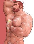  1boy abs arm_behind_head bara beard blush chest chest_hair completely_nude facial_hair hairy highres jang_ju_hyeon male_focus muscle navel navel_hair nipples nude orange_hair original short_hair showering simple_background smile solo thick_thighs thighs washing 