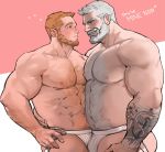  2boys abs ass bara beard blush brown_hair bulge chest chest_hair english_text facial_hair hairy highres jang_ju_hyeon jockstrap looking_at_another male_focus multiple_boys muscle navel navel_hair nipples old_man original short_hair simple_background tattoo thick_thighs thighs underwear underwear_only white_hair yaoi 