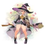  1girl black_cloak black_footwear black_headwear blue_eyes blush boots broom brown_bag cloak collared_shirt commentary_request elaina_(majo_no_tabitabi) eyebrows_visible_through_hair full_body hair_between_eyes hat holding holding_broom long_hair long_sleeves looking_at_viewer majo_no_tabitabi open_mouth print_cape ribbon robe ryoji_(nomura_ryouji) shirt silver_hair skirt smile solo thick_thighs thighs white_shirt witch witch_hat 