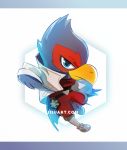  2016 anthro avian beak bird blue_body blue_eyes blue_feathers boots chibi clothing falco_lombardi feathers footwear jisuart looking_at_viewer male nintendo red_body red_feathers star_fox suit video_games 
