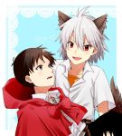  2boys animal_ears artist_name big_bad_wolf big_bad_wolf_(cosplay) blue_background blush brown_eyes brown_hair capelet carrying collared_shirt cosplay doily fang hood hooded_capelet ikari_shinji jon_53 lace_border little_red_riding_hood little_red_riding_hood_(grimm) little_red_riding_hood_(grimm)_(cosplay) multiple_boys nagisa_kaworu neon_genesis_evangelion orange_shirt partially_unbuttoned princess_carry red_capelet red_eyes red_hood shirt shirt_tucked_in short_hair short_sleeves sideways_mouth silver_hair smile tail twitter_username undershirt v-shaped_eyebrows wolf wolf_ears wolf_tail yaoi 