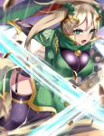  1girl absurdres blonde_hair breasts garter_straps green_eyes guan_yinping highres impossible_clothes impossible_shirt large_breasts open_mouth shin_sangoku_musou shirt slashing sword tagme tea_texiamato thighhighs twintails weapon 