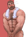  1boy abs ass bara beard biceps blush brown_hair bulge chest chest_hair covering covering_crotch facial_hair flying_sweatdrops hairy highres jang_ju_hyeon male_focus muscle naked_towel navel navel_hair nipples nude original short_hair simple_background solo thighs towel wet 