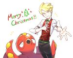  1boy apron black_pants blonde_hair christmas commentary_request gen_2_pokemon head_tilt highres lobolobo2010 looking_at_viewer male_focus merry_christmas octillery outstretched_hand pants pokemon pokemon_(creature) pokemon_(game) pokemon_masters_ex short_hair siebold_(pokemon) sleeves_rolled_up spread_fingers waist_apron white_background 
