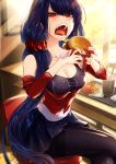  1girl bangs bare_shoulders black_legwear blue_hair breasts cleavage cluseller commentary_request cup drinking_straw food french_fries hamburger highres long_hair looking_at_viewer open_mouth original pantyhose red_eyes sailor_collar scrunchie sharp_teeth solo teeth thighband_pantyhose tongue tsurime very_long_hair 