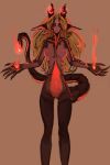  2:3 accessory black_body blonde_hair breasts demon demon_humanoid female fire genitals glowing hair hair_accessory hair_tie hi_res horn humanoid humanoid_pointy_ears long_hair looking_at_viewer magic_user medium_breasts multicolored_body nails nipples nude orange_body orange_eyes portals_of_phereon pupils pussy ribs sharp_nails slit_pupils small_waist solo standing syvaron thigh_gap 