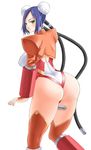  arcana_heart ass blue_hair blush breasts bun_cover covered_nipples double_bun green_eyes large_breasts legs mei-fang nagase_haruhito shrug_(clothing) solo thighhighs thighs 