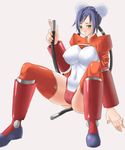  arcana_heart blush breasts bun_cover covered_navel covered_nipples double_bun green_eyes large_breasts mei-fang nagase_haruhito purple_hair short_hair shrug_(clothing) simple_background solo thighhighs white_background 
